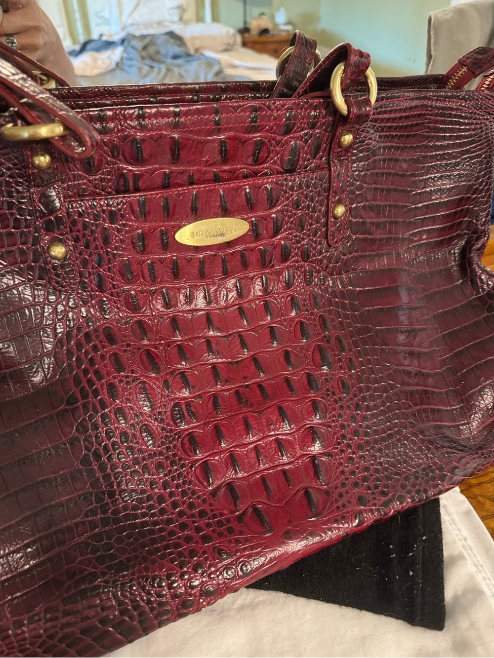 Brahmin Wine Croc-Embossed Leather Tote with Gold Hardware
